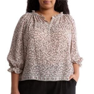 Max Studio Sheer Ditsy Floral Blouse Women's 1X Cottagecore Romantic 3/4 Sleeves